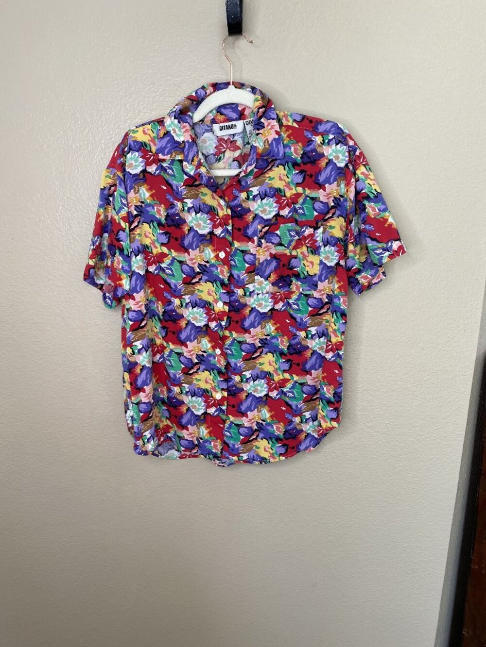 Vintage Gitano Floral Button-Up Shirt L Short Sleeve Cotton Blend Multicolor Y2K